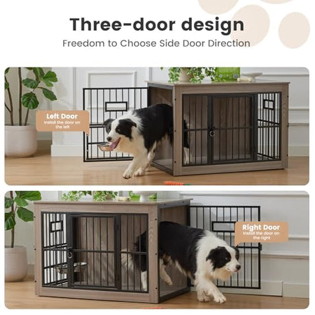 38 Inch Heavy Duty Dog Crate Furniture for Medium Dogs, Decorative Pet House End Table with 3 Doors & Adjustable Bowls, Wooden Cage Kennel Furniture Indoor, Rustic Grey Gardner Pet
