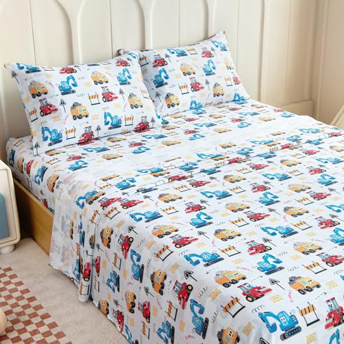 Homilay Queen Sheet Set Kids - Excavator Road Roller Dump Truck 4 Pieces Soft Microfiber Cartoon Style Bedsheets for Boys Girls Teens, Oeko TEX, Breathable Deep Pocket Sheets(Engineering Car) Homilay
