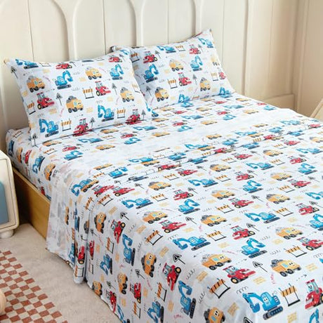 Homilay Queen Sheet Set Kids - Excavator Road Roller Dump Truck 4 Pieces Soft Microfiber Cartoon Style Bedsheets for Boys Girls Teens, Oeko TEX, Breathable Deep Pocket Sheets(Engineering Car) Homilay