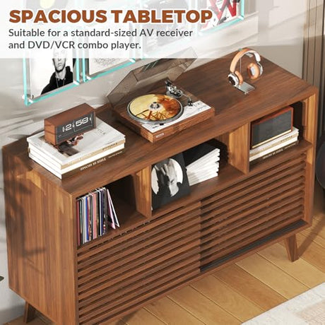 47" Large Record Player Stand with Sliding Doors, Mid Century Modern Vinyl Record Storage Display Cabinet Up to 350 LPs, Turntable Media Console for Living Room Bedroom(Walnut) Forrelaxis
