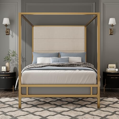 Harper & Bright Designs Queen Size Canopy Bed Metal Frame, Modern Canopy Bed with Tall Linen Fabric Upholstered Headboard, Metal 4-Poster, Box Spring Needed, Gold