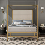 Merax King Size Gold Metal Canopy Bed Frame, Modern Upholstered Linen Headboard with Tall Back Support, 800 lbs Weight Capacity, Luxurious 4-Poster Bedroom Furniture for Modern Home, Gold+Tan