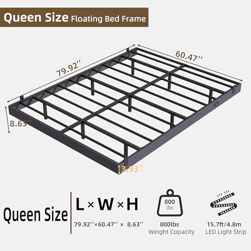 Muluflower Floating Bed Frame Queen Size with LED Lights and Charging Station, Grey Linen Metal Platform Bed Frame, Easy Assembly, No Box Spring Needed (Queen) Muluflower