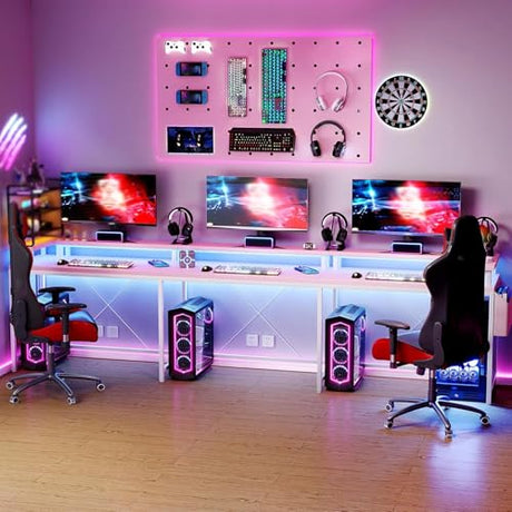 LALFPET U-Shaped Desk with Power Outlets & LED Lights - 79" Reversible Corner Computer Desk with Monitor Stand and Storage Shelf for Home Office, Gaming, and Two-Person Use, Pink LALFPET