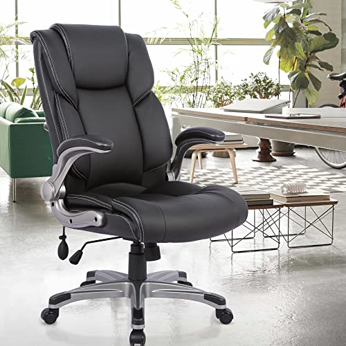 COLAMY High Back Executive Office Chair- Ergonomic Home Computer Desk Leather Chair with Padded Flip-up Arms, Adjustable Tilt Lock, Swivel Rolling Chair for Adult Working Study-Black COLAMY