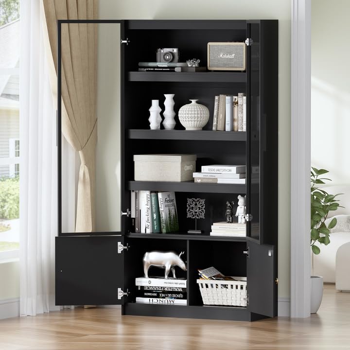 PAKASEPT Display Cabinet with 3 Color Light, 5 Tier Display Case with Glass Doors, 65" Curio Cabinets Display Shelf for Collectibles, Bookcase Bookshelf Display Case Cabinet for Bedroom, Living Room PAKASEPT