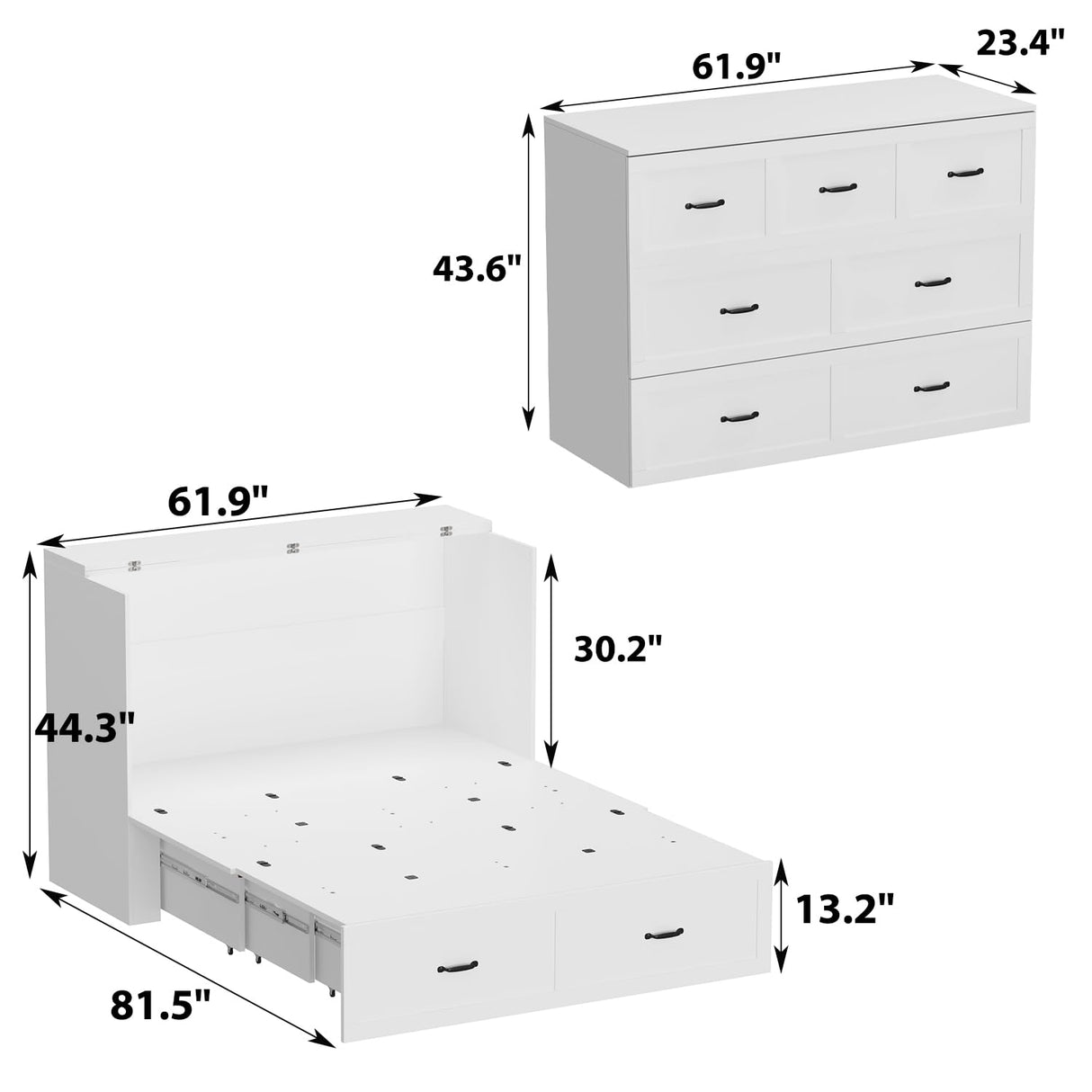 ECACAD Multi-Functional Murphy Cabinet Bed, Queen Size Bed Frame Murphy Bed Chest with Built-in Power Strip & Drawers, Queen Foldable Platform Bed, White ECACAD