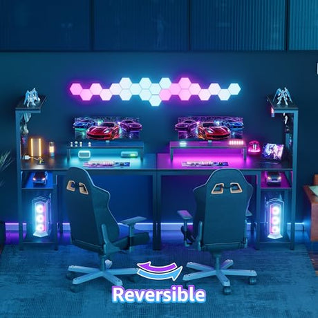 MEUIS 40 inch Small Gaming Desk with Pegboard Shelves Computer Desks with Led Lights Power Outlets PC Monitor Stand Reversible Storage Shelf Table for Bedroom Small Space, Black MEUIS