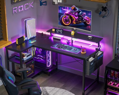 ODK 40 Inch Gaming Desk with USB Power Outlets and LED Lights, Reversible L Shaped Computer Desk with Storage Shelves & Monitor Stand, Corner Home Office Desk Table, Carbon Fiber Surface, Black ODK