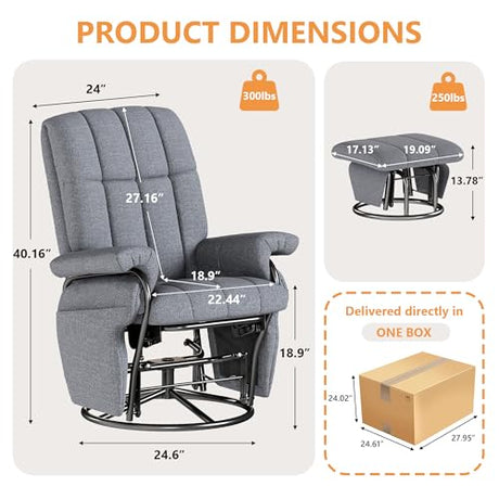 JIASTING 360° Swivel Recliner Chair with Ottoman & Double Side Pockets, Nursing Glider Rocking Recliner Chair, Gliding Chairs for Nursery, Living Room, Bedroom, Office (Gray) JIASTING