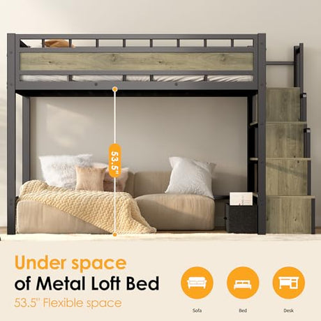 SogesSleep Loft Bed Twin Size with Stairs, More Sturdy Metal Loft Bed with Built-in Storage Stairs and Large Under-Bed Space, Used for Teens, Space Saving for Apartment or Dorm, No Box Spring, Black SogesSleep