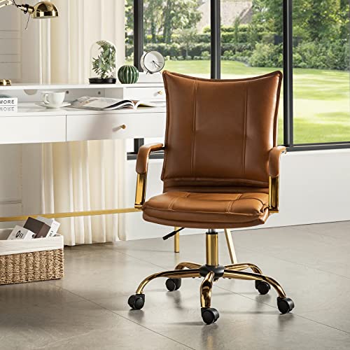 HULALA HOME Faux Leather Home Office Desk Chair, Adjustable Swivel Computer Chair with Golden Legs and Arms, Comfy Upholstered Task Chair,Camel HULALA HOME