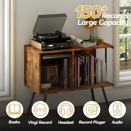 Faesun Flip Top Record Player Stand, Large Record Player Table with Open Storage Holds up to 150+ Albums, Mid Century Turntable Stand, Stereo Cabinet for Speakers, for Living Room, Bedroom, Rustic Faesun