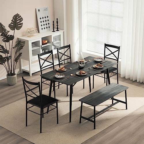 VINGLI 55in Modern Dining Table Set for 6, Rectangular Kitchen Dining Table, Bench, 6 Piece Wooden Dinner Table Set with Upholstered Chairs for Kitchen, Dining Room, Apartment - Dark Grey VINGLI