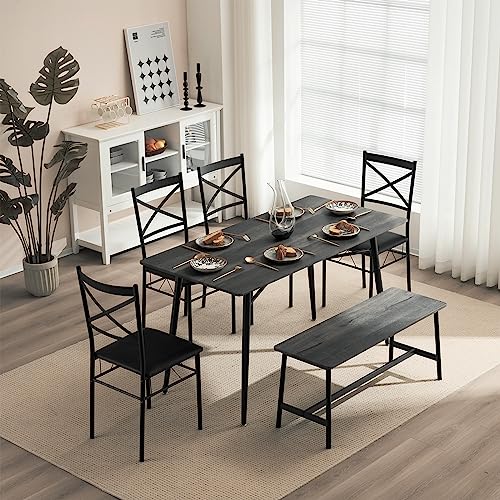 VINGLI 55in Modern Dining Table Set for 6, Rectangular Kitchen Dining Table, Bench, 6 Piece Wooden Dinner Table Set with Upholstered Chairs for Kitchen, Dining Room, Apartment - Dark Grey