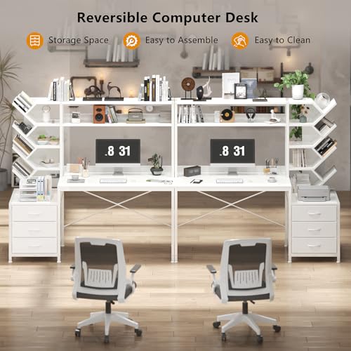 YOMILUVE Reversible Computer Desk with Hutch, Home Office Desk with Drawers and Bookshelf, 52'' Study Writing Desk with Storage Shelves for Bedroom Home Office, White YOMILUVE