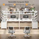 YOMILUVE Reversible Computer Desk with Hutch, Home Office Desk with Drawers and Bookshelf, 52'' Study Writing Desk with Storage Shelves for Bedroom Home Office, White YOMILUVE