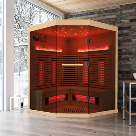 SWHSE 3-4 Person Corner Infrared Sauna- Luxury Home Sauna Spa Room with Himalayan Salt Therapy, Canadian Hemlock&Panoramic Tempered Glass,220V SWHSE