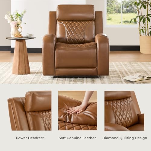 CHITA Genuine Leather Recliner Chair for Adults with Adjustable Power Headrest, Lay Flat Power Recliner with Slide-Out Cupholders & USB/Type-C Ports, Living Room Chair, Saddle CHITA