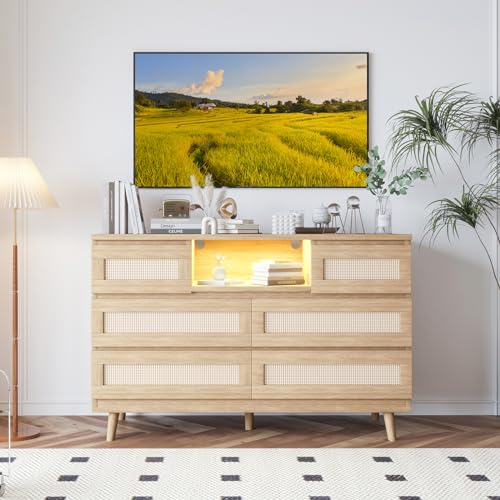 GarveeHome Natural Rattan Dresser for Bedroom with LED Light and Charging Station, 6 Drawer Double Dressers, Modern Wooden Dresser Chest, Beside Table for Closet, Nursery, Living Room, Natura - WoodArtSupply