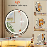 MDGC Corner Vanity Desk with Rotating Mirror and Lights,Glass Top Makeup Vanity with Human Body Senor&Charging Station,LED Vanity Table Set with 5 Drawers and Shelves for Bedroom MDGC