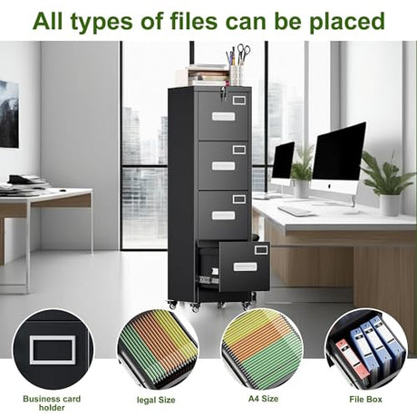 Aobabo 4 Drawer File Cabinet with Lock and Wheels, Metal Vertical Filing Cabinet with Anti-Tilt Interlock System for Home Office, Fits Letter/Legal Size, Black,Required Assembly Aobabo