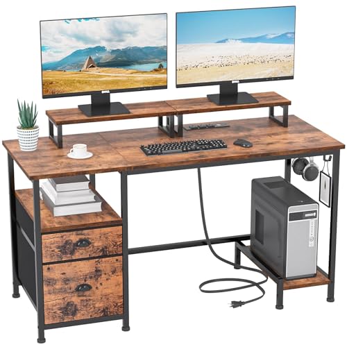 Furologee Computer Desk with Drawer and Power Outlets, 47" Office Desk with 2 Monitor Stands and Fabric File Cabinet, Writing Gaming Table with Shelves and 2 Hooks for Home Office, Rustic Bro - WoodArtSupply