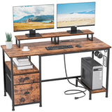 Furologee Computer Desk with Drawer and Power Outlets, 47" Office Desk with 2 Monitor Stands and Fabric File Cabinet, Writing Gaming Table with Shelves and 2 Hooks for Home Office, Rustic Brown Furologee