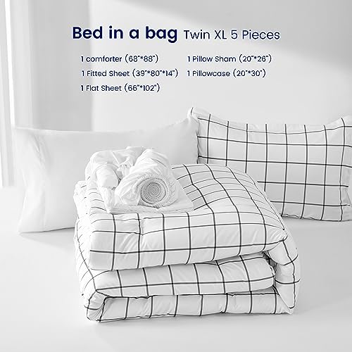 SLEEP ZONE Dorm Comforter Twin XL, 5 Pieces Geometric Plaid Pattern Printed Soft Microfiber Bedding, Breathable & Soft Bed in A Bag (Grey Grid White, Twin XL) SLEEP ZONE
