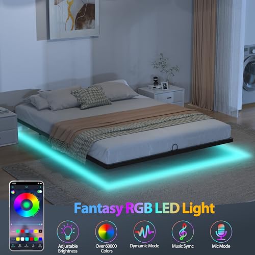 Arhomefurni Floating Bed Frame with Smart LED Lights Metal Platform Bed Easy Assembly No Box Spring Needed (Queen) Arhomefurni