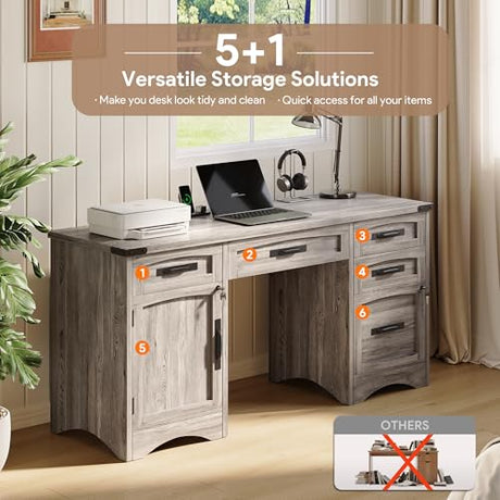 Decofy Farmhouse Executive Desk with Drawers, 55" Home Office Desks with Fast Charging Station, Lockable File Cabinet, Wood Writing Computer Desk for Work, Study, Grey Decofy