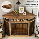 IRONCK 51" Corner Wooden Dog Crate Furniture with 2-Tier Shelves, Pet Kennel for Large Dogs, Space-Saving Dog Cage for TV Stand, Rustic Brown (26.7" L x 51.2" W x 33.5" H) IRONCK