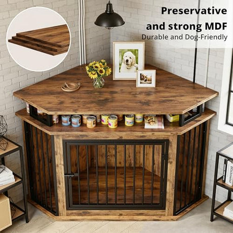 IRONCK 51" Corner Wooden Dog Crate Furniture with 2-Tier Shelves, Pet Kennel for Large Dogs, Space-Saving Dog Cage for TV Stand, Rustic Brown (26.7" L x 51.2" W x 33.5" H) IRONCK