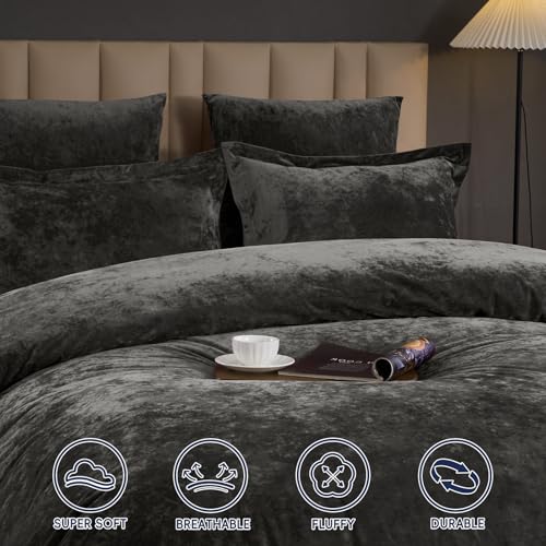 PHF Crushed Velvet Comforter Set King Size, 5-Piece Luxury Winter Bedding Sets with 2 Euro Shams, Heavyweight Warm Fluffy Velvet Bed Spread, Glam Home Decor, Grey PHF