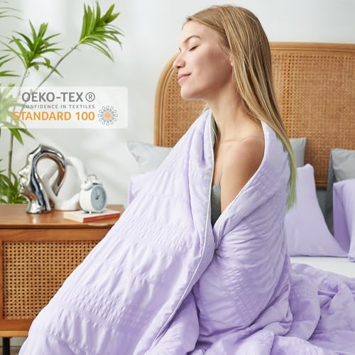 Cozy Bliss Seersucker Cooling Comforter Queen Size, Q-Max 0.45 Reversible Lightweight Cooling Blanket, Breathable Silk Smooth Summer Bedding Quilt for Hot Sleepers Night Sweats Purple Cozy Bliss