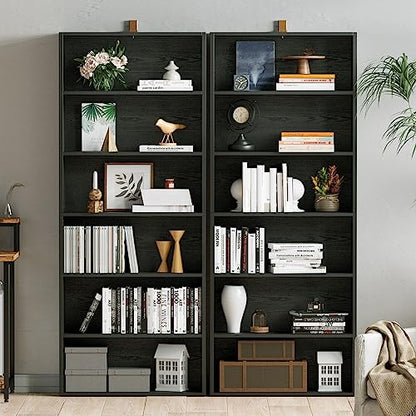 IRONCK Vintage Black 6-Tier Bookshelves Set of 2 - Tall Floor Standing Storage for Home Office and Living Room - WoodArtSupply