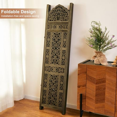 5.75Ft Room Divider Wood Screen, 33Lbs Durable Antiqued Style MDF Carved Headboard, Reversible Freestanding Folding Partition Paravent for Home Terrace, 69 * 71 inch(H*W) - 4 Panels (Antique Brown) Svimi