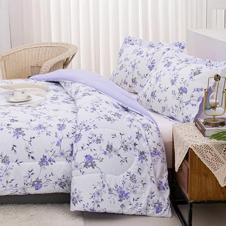 Mooreeke Floral Twin Size Comforter Sets, Lightweight Purple Lavender Botanical Printed Bedding for All Seasons, 2-Piece Vintage Bed in a Bag with Fluffy Quilted Reversible Comforter & Pillow Sham Mooreeke