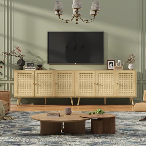 IDEALHOUSE 47.2" Rattan Sideboard Buffet Cabinet with 3 Doors, Boho Storage Cabinet with Adjustable Shelves, Console Table for Living Room, Dining Room, Entryway, Coffee Bar IDEALHOUSE