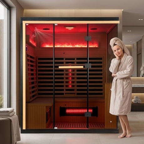 BNEHS Full Spectrum Infrared Sauna, 3-4 Person Home Sauna with 6 Heating Tubes&4 Carbon Plates,Indoor Dry Sauna with Himalayan Salt Panel and LCD Control Panel BNEHS