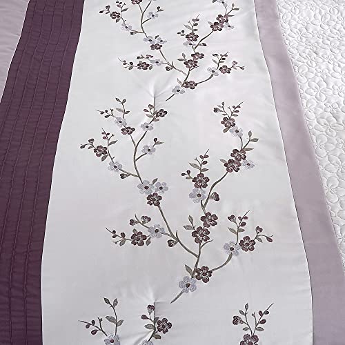 Chezmoi Collection Linnea 7-Piece Luxury Purple Lavender Gray Cherry Blossom Floral Embroidery Comforter Set, Queen Chezmoi Collection
