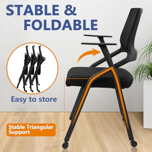 CLATINA Stackable Foldable Conference Room Chairs with Wheels, Portable Padded Office Desk Chair with Lumbar Support and Armrest for Training Room, Guest, Reception, Event, Black (8pk) CLATINA
