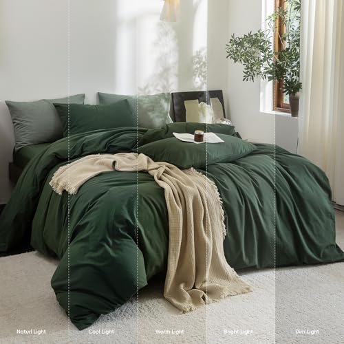 FOSSA Duvet Cove Set 100% Washed Cotton Linen Feel Super Soft Breathable Cozy 3 Pieces Bedding Sets Solid Forest Green Twin FOSSA