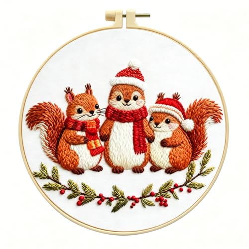 Zhenqing Three Christmas Squirrels Embroidery Kit for Beginners, Pre-Printed 29x29cm Circular Cotton Fabric with 20cm Hoop, Festive Animal Holiday Decor (C0198)