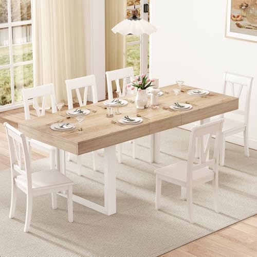 Zevemomo 63"-78.7" Expandable Dining Table, 6-10 Extendable Dining Table, Rectangle Conference Table, Farmhouse Kitchen Table with Slide Track, Tapered U-Shaped Wood Legs for Office, Living Room-Oak Zevemomo