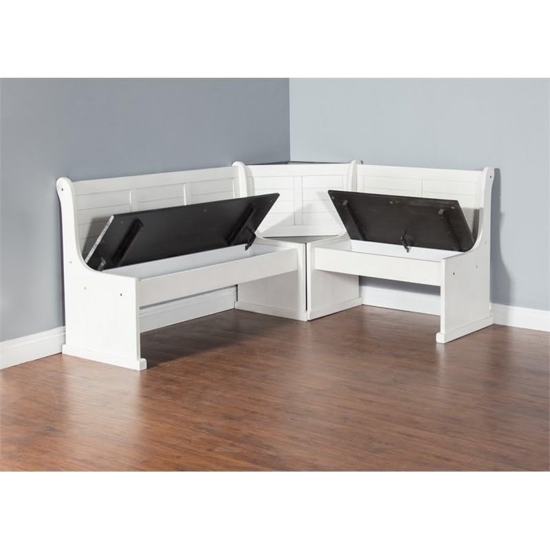 Pemberly Row Farmhouse 4-Piece Wood Breakfast Nook Set with Reversible Benches Featuring Hidden Storage in Two-Toned White and Brown Pemberly Row