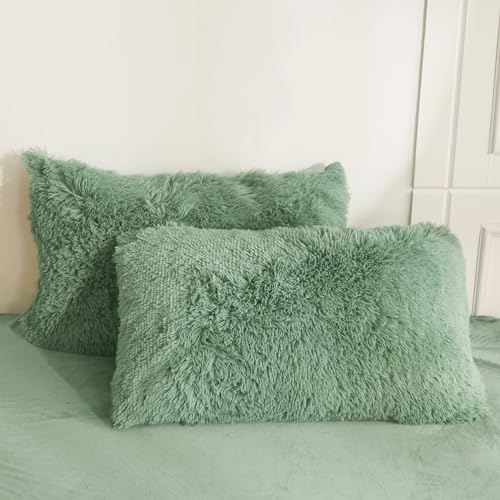 HAIHUA Faux Fur Sage Green Comforter Cover Queen Set, Soft Fluffy Shaggy Sage Green Bedding Queen Set 3 Pieces (1 Fuzzy Duvet Cover + 2 Plush Pillow Cases) Furry Bed Set, Zipper Closure HAIHUA