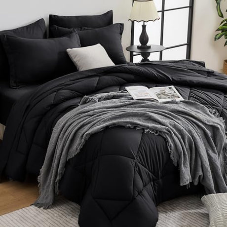 HEVUMYI Black King Comforter Set - 7-Piece All Season Bed in a Bag King, Ultra Soft Bedding Set with Comforter, Flat Sheet, Fitted Sheet, Pillowcases, Pillow Shams, Black HEVUMYI
