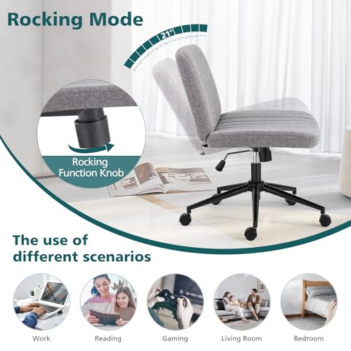 OLIXIS Criss Cross Chair with Wheels Wide Cross Legged Office Desk Vanity Chair Comfy Fabric Armless Adjustable Swivel for Home Computer Task Gray OLIXIS