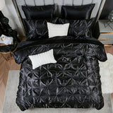 Bedbay Black Comforter Set Queen Size,10-Piece Satin Comforter Bed Set,Pinch Pleat Bedding Set,Black Pintuck Luxury Bed Comforter Set,Lightweight Silk Like Satin Bedding Comforter for All Seasons Bedbay